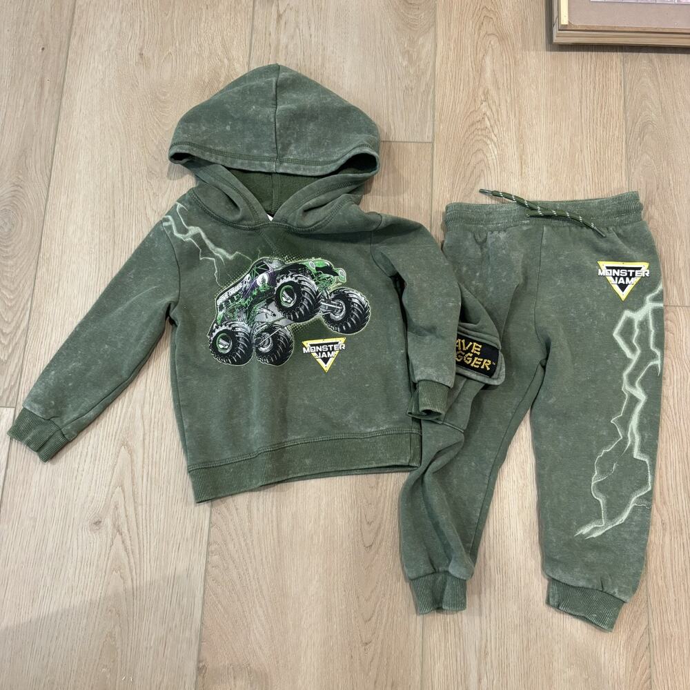 Monster Jam Grave Digger Jogger Set Outfit Toddler Sweatshirts Green Acid Wash